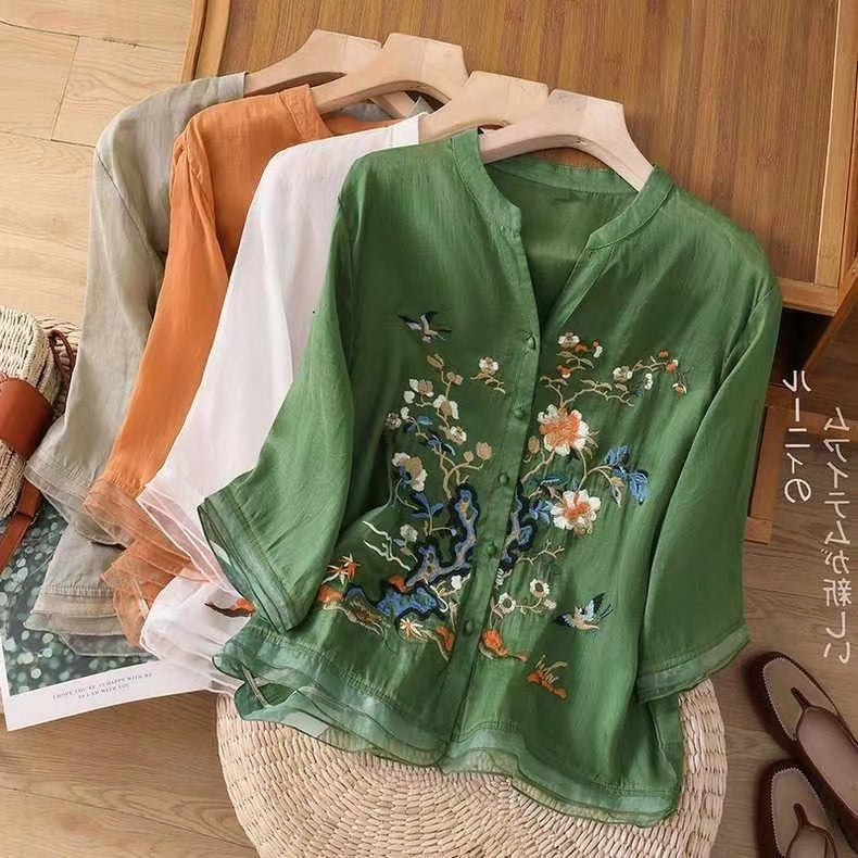 Chic Embroidered Buttoned Linen Top