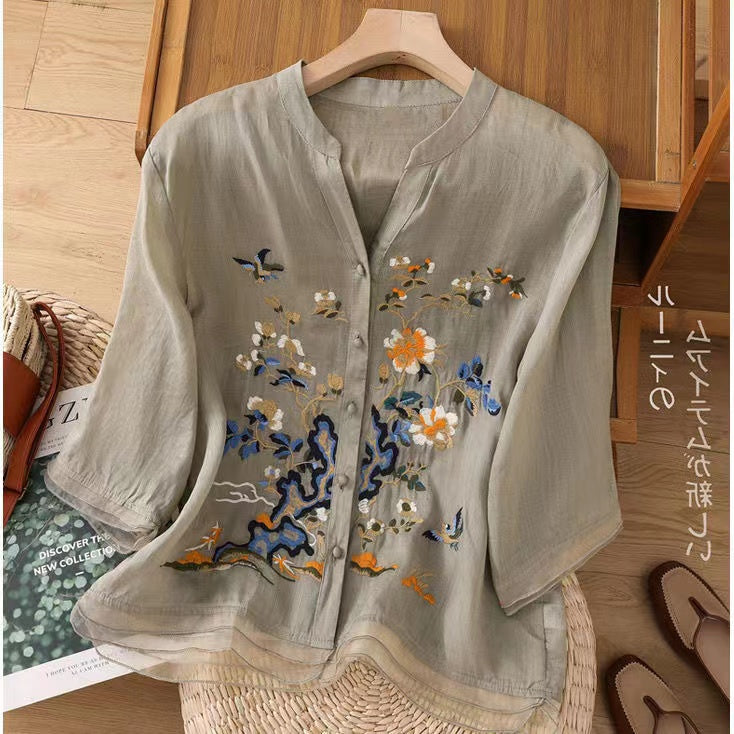 Chic Embroidered Buttoned Linen Top