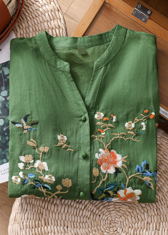 Chic Embroidered Buttoned Linen Top