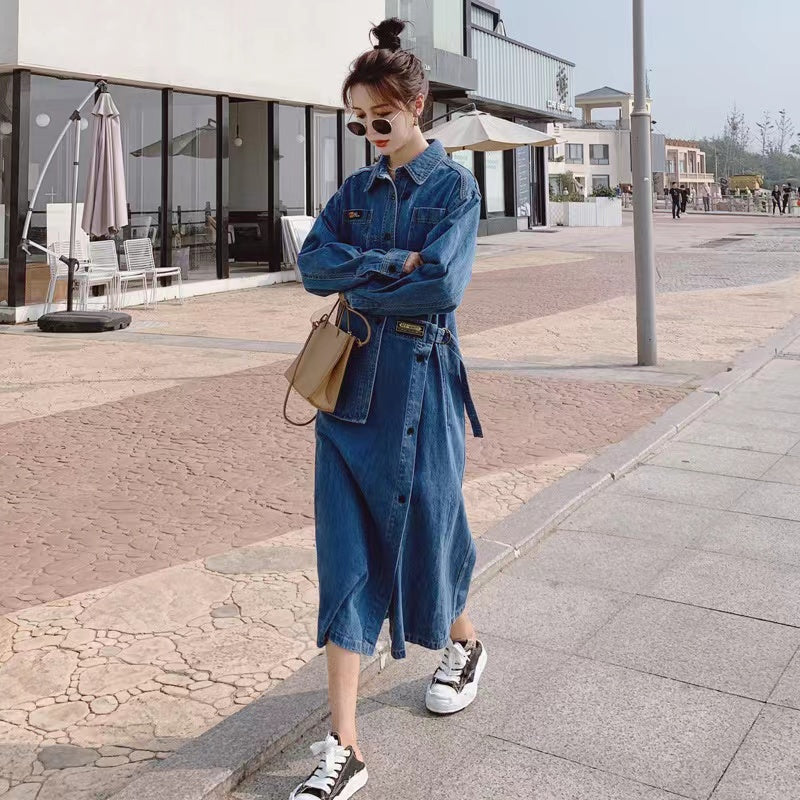 Loose Blue Asymmetric Design Denim Long Sleeve Long Dresses