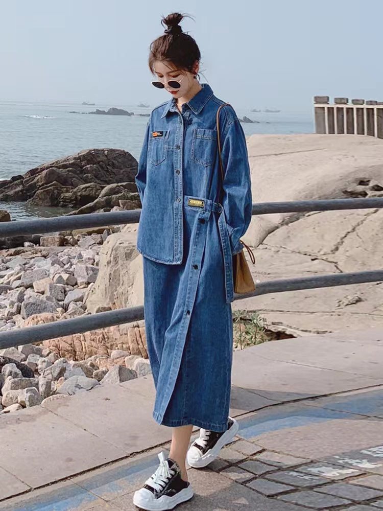 Loose Blue Asymmetric Design Denim Long Sleeve Long Dresses