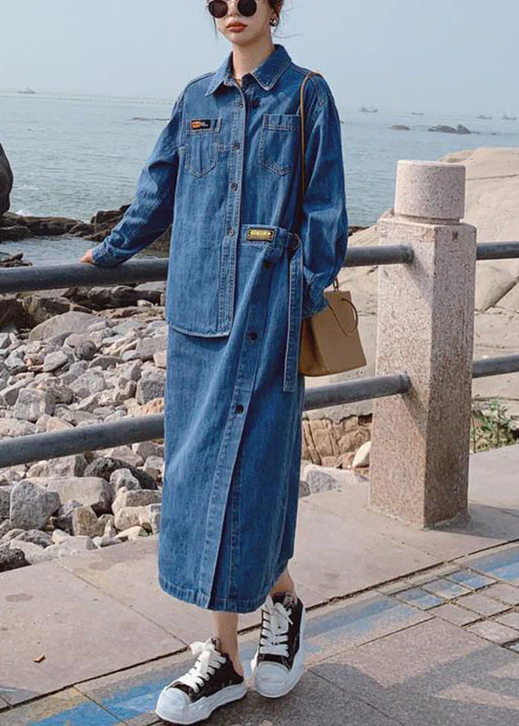 Loose Blue Asymmetric Design Denim Long Sleeve Long Dresses