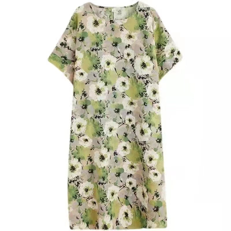 Elegant Printed O Neck Pocket Cotton Linen Half Sleeve Dress