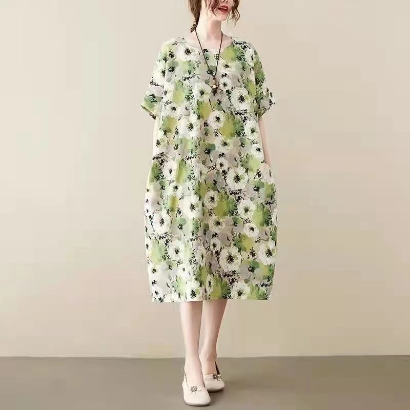 Elegant Printed O Neck Pocket Cotton Linen Half Sleeve Dress