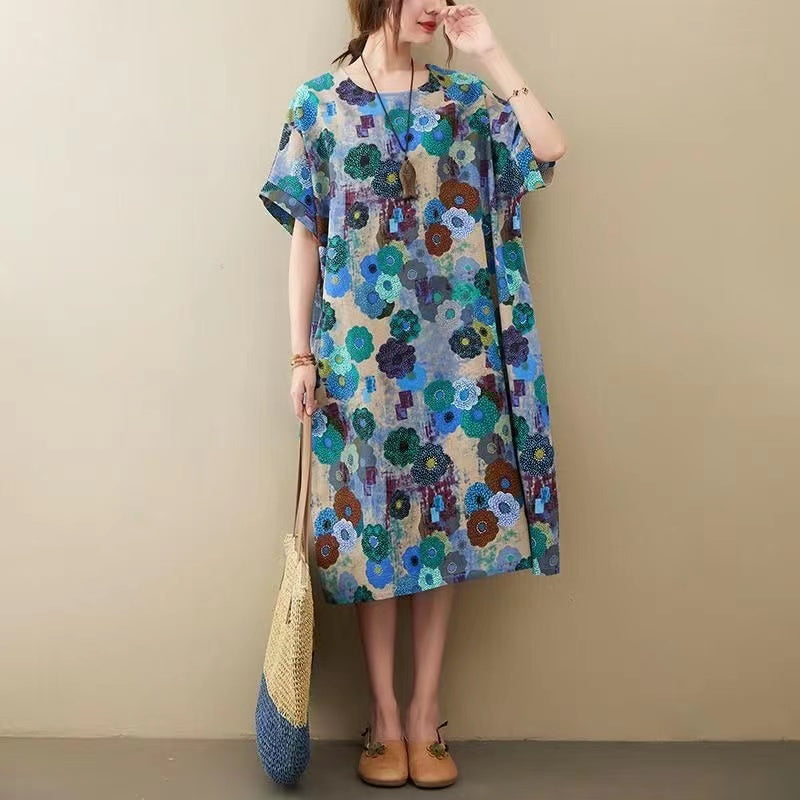 Elegant Printed O Neck Pocket Cotton Linen Half Sleeve Dress