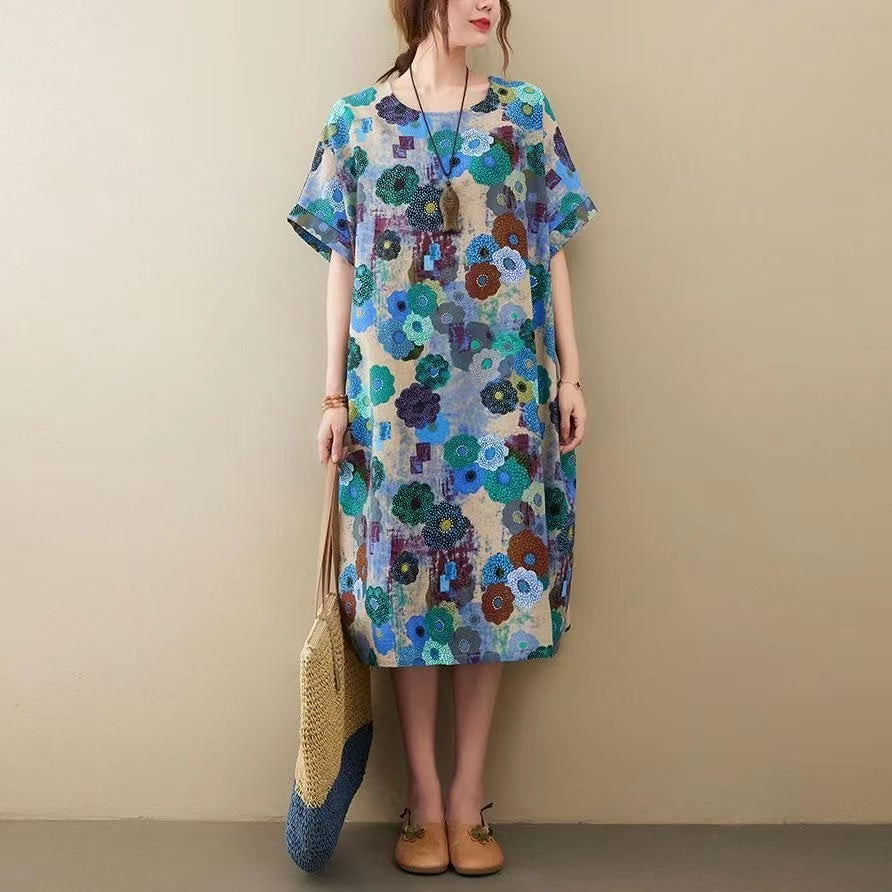 Elegant Printed O Neck Pocket Cotton Linen Half Sleeve Dress