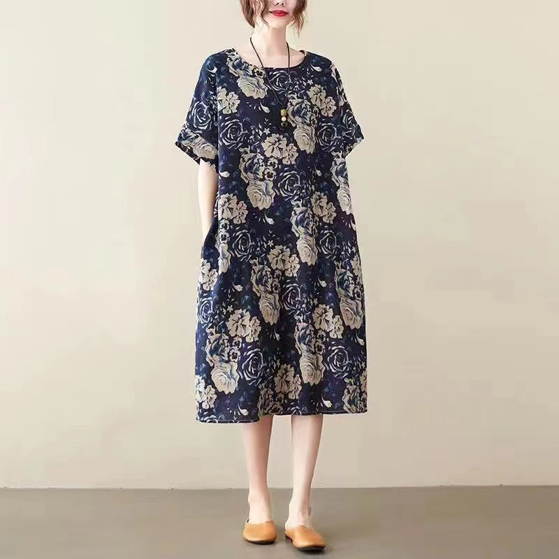 Elegant Printed O Neck Pocket Cotton Linen Half Sleeve Dress