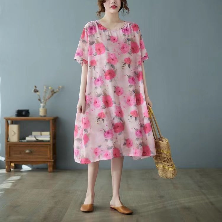 Elegant Printed O Neck Pocket Cotton Linen Half Sleeve Dress