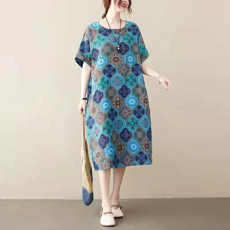 Elegant Printed O Neck Pocket Cotton Linen Half Sleeve Dress