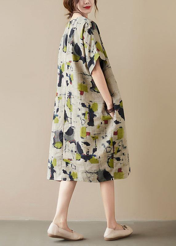 Elegant Printed O Neck Pocket Cotton Linen Half Sleeve Dress