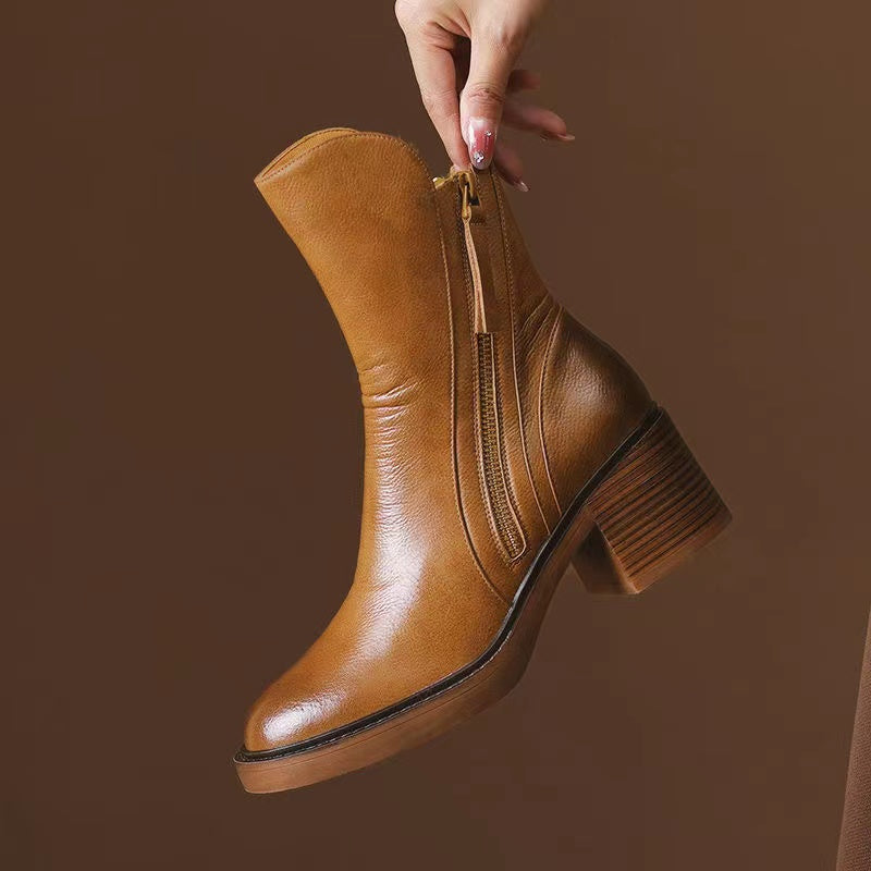 Cowhide Patchwork Color Zipper Boots