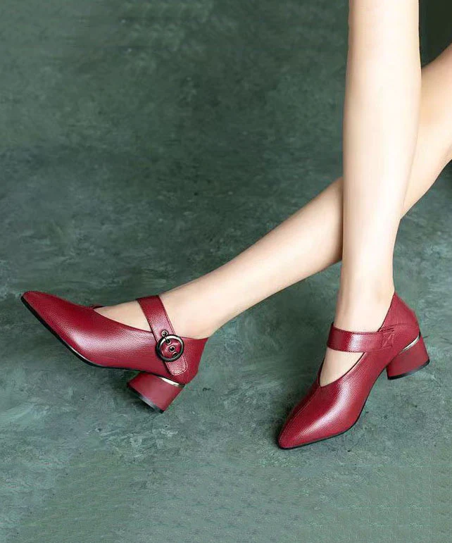 Vintage Burgundy buckle strap stitched chunky heels