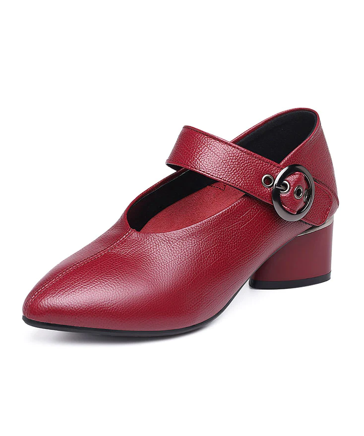 Vintage Burgundy buckle strap stitched chunky heels