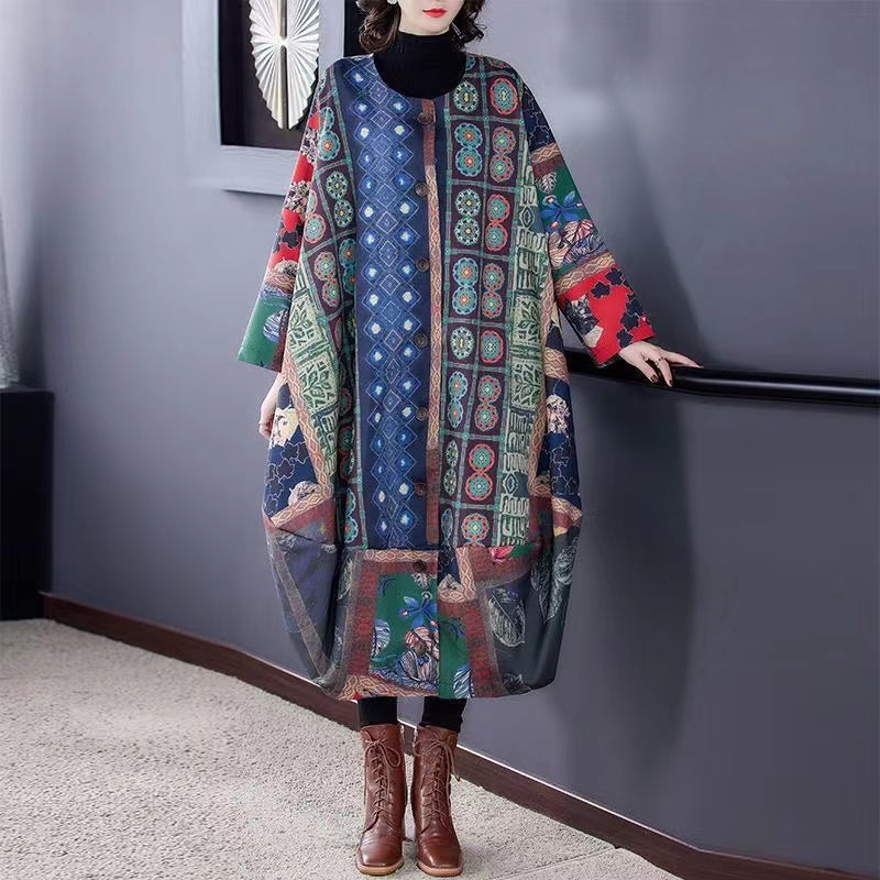 Retro Irregular Print Long Coat Thin Cotton Jacket
