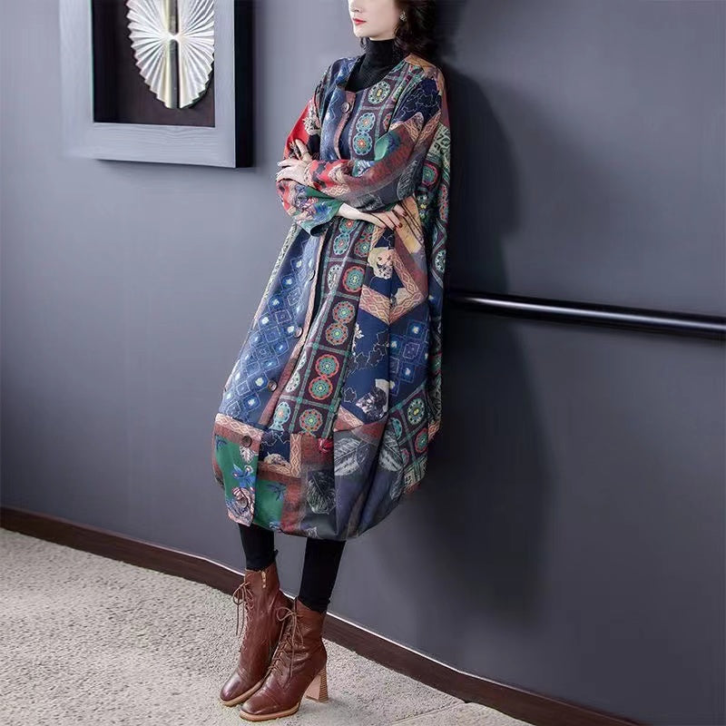 Retro Irregular Print Long Coat Thin Cotton Jacket