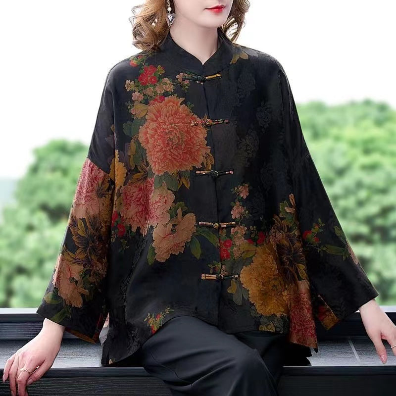 Vintage Elegant Printed Silk Long Sleeve Cardigan Top