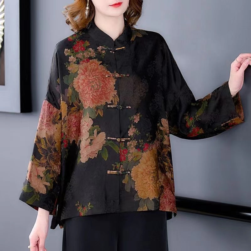 Vintage Elegant Printed Silk Long Sleeve Cardigan Top