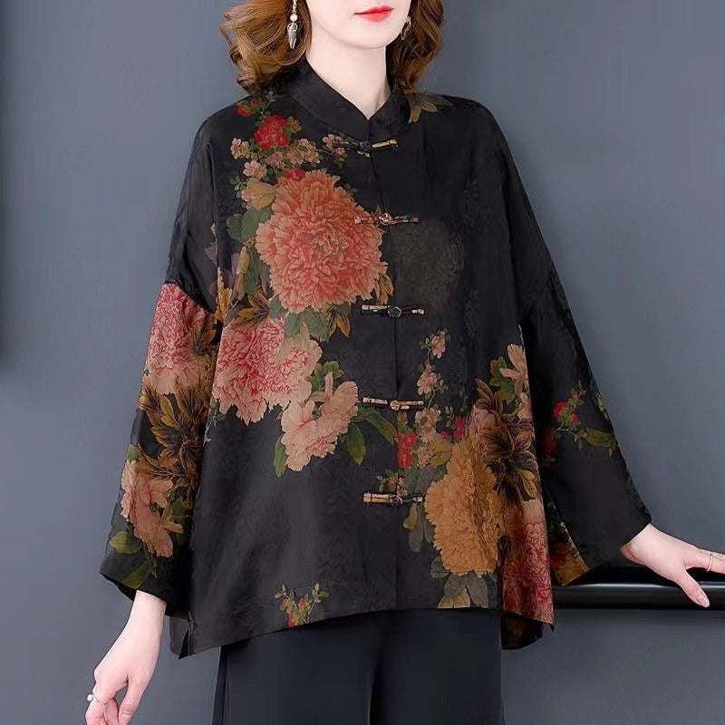Vintage Elegant Printed Silk Long Sleeve Cardigan Top