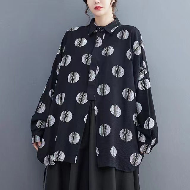 Loose Polka Dot Print Tie Shirt Long Sleeve