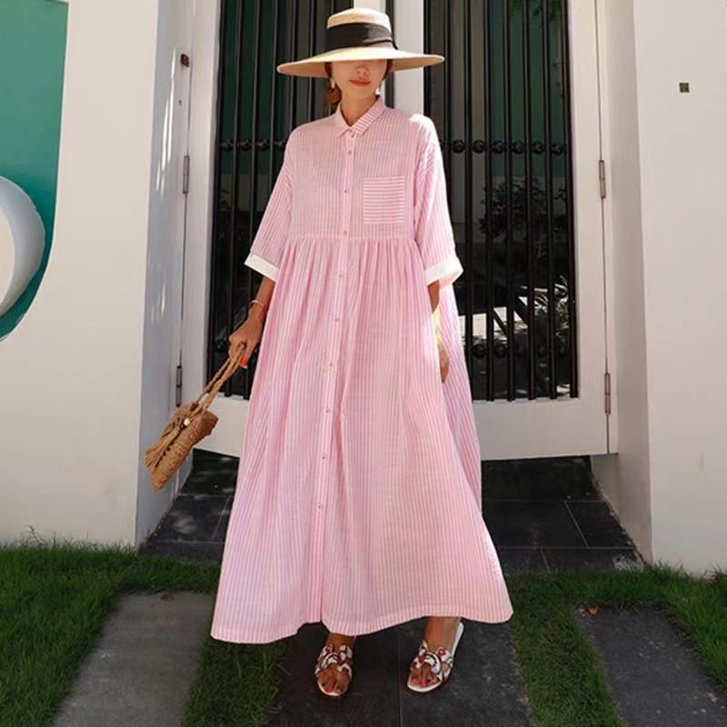 Bohemian Loose Striped Button Down Half Sleeve Long Shirt Dress