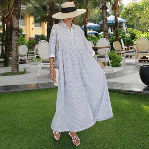 Bohemian Loose Striped Button Down Half Sleeve Long Shirt Dress