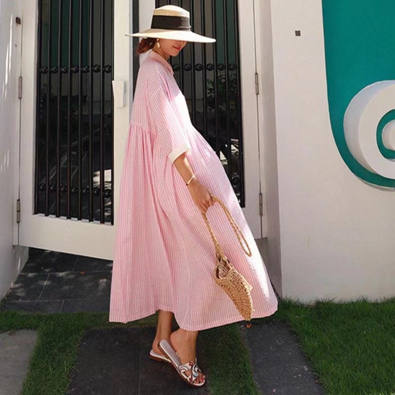 Bohemian Loose Striped Button Down Half Sleeve Long Shirt Dress
