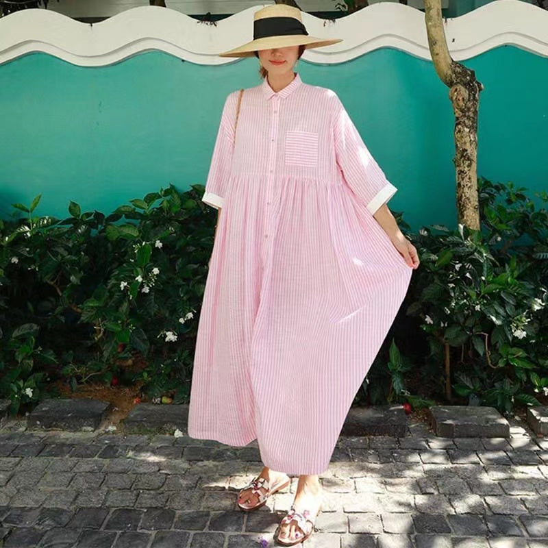 Bohemian Loose Striped Button Down Half Sleeve Long Shirt Dress