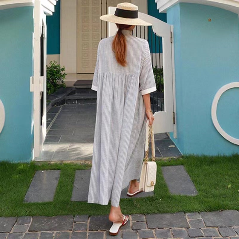 Bohemian Loose Striped Button Down Half Sleeve Long Shirt Dress