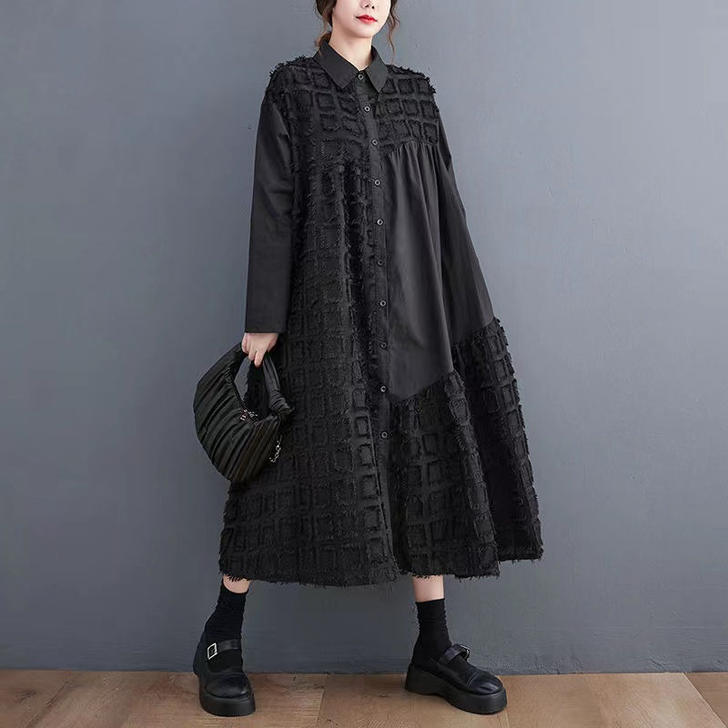 French Asymmetric Geometric Pattern Long Sleeve Dress