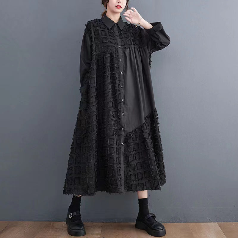 French Asymmetric Geometric Pattern Long Sleeve Dress