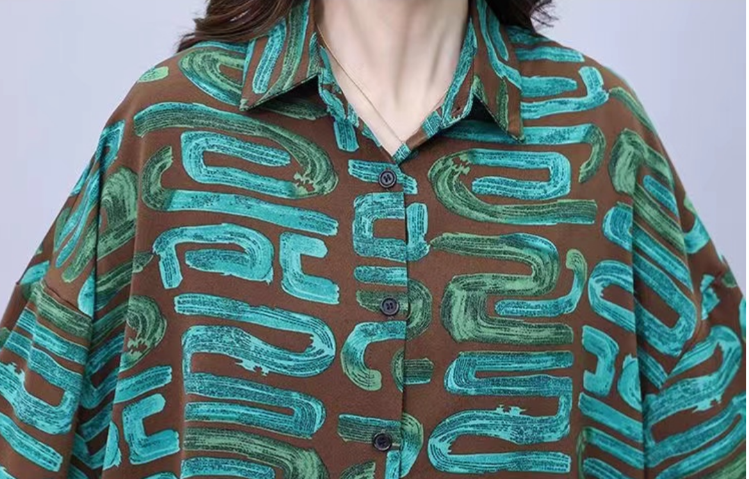 Loose Green Printed Big Silhouette Shirt