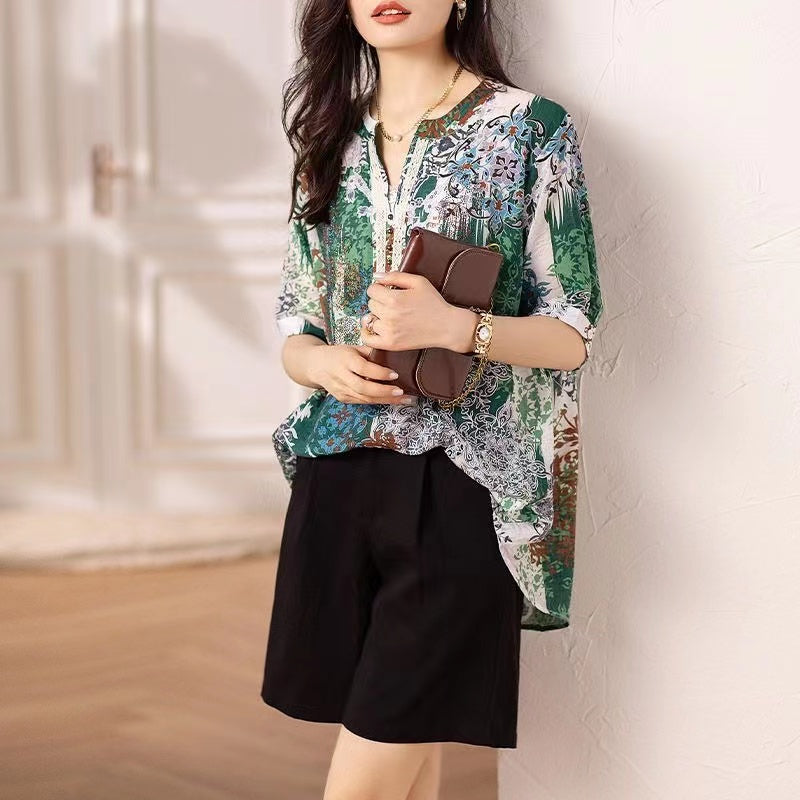 Vintage V-Neck Thin Printed Lace Patchwork Blouse