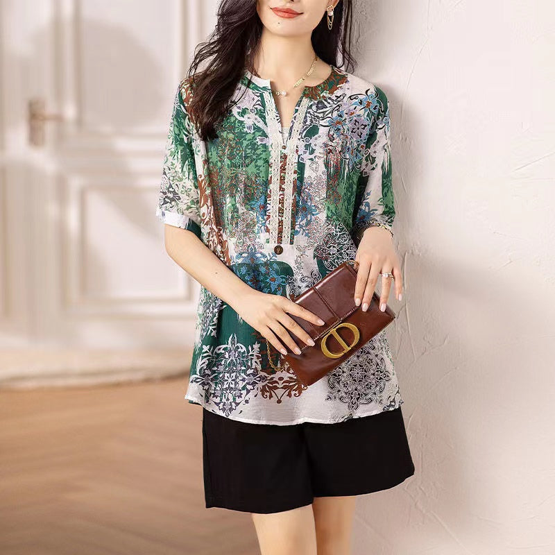 Vintage V-Neck Thin Printed Lace Patchwork Blouse