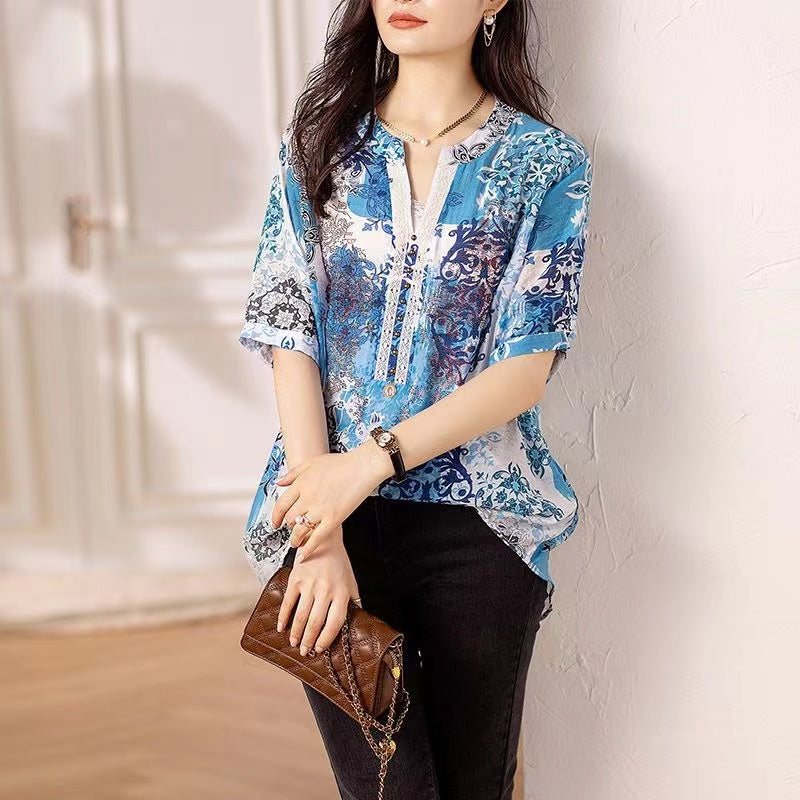 Vintage V-Neck Thin Printed Lace Patchwork Blouse