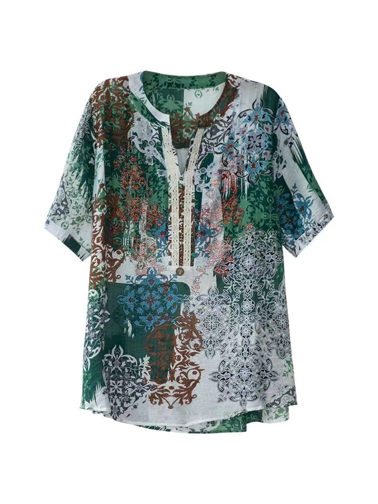Vintage V-Neck Thin Printed Lace Patchwork Blouse