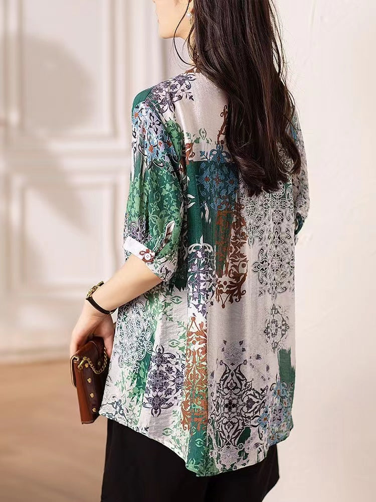 Vintage V-Neck Thin Printed Lace Patchwork Blouse