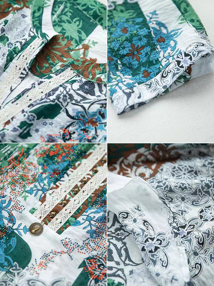 Vintage V-Neck Thin Printed Lace Patchwork Blouse