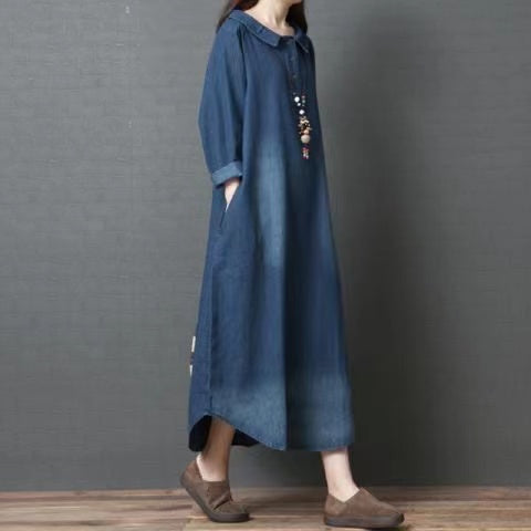 Loose Lapel Button Irregular Pocket Denim Dress
