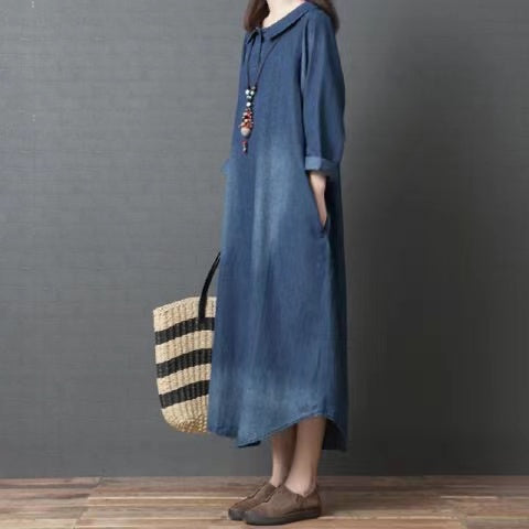 Loose Lapel Button Irregular Pocket Denim Dress