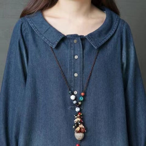 Loose Lapel Button Irregular Pocket Denim Dress