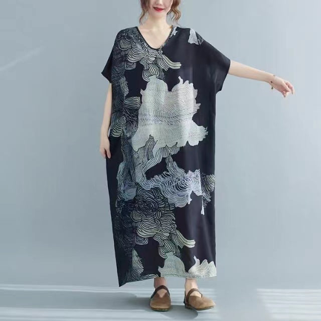 Loose V-Neck Cotton Linen Short Sleeve Printed Dress
