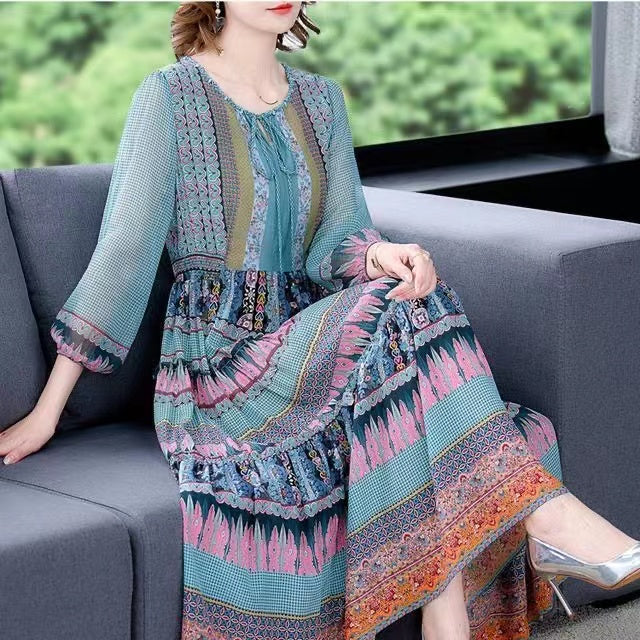 Bohemian Silk Geometric Print Tie Dress