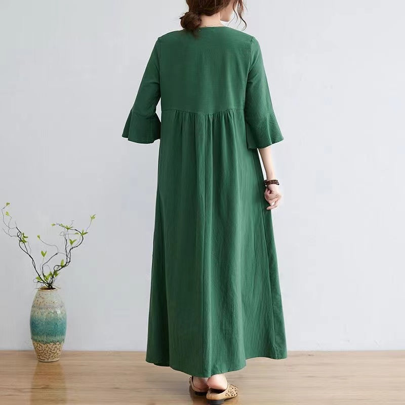 Embroidered V-Neck Cotton Vacation Short Sleeve Dress