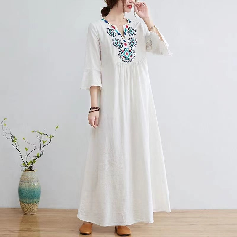 Embroidered V-Neck Cotton Vacation Short Sleeve Dress