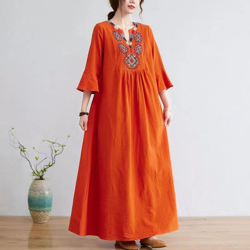 Embroidered V-Neck Cotton Vacation Short Sleeve Dress