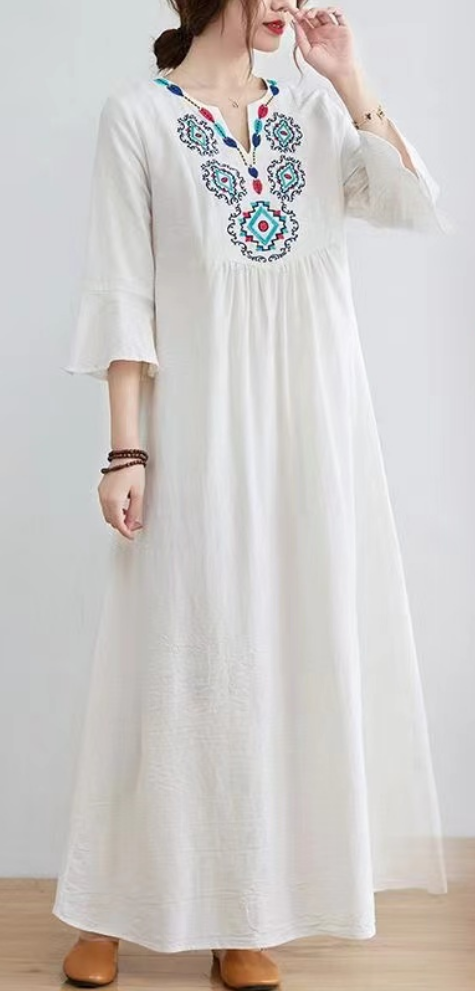 Embroidered V-Neck Cotton Vacation Short Sleeve Dress