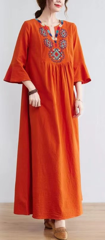 Embroidered V-Neck Cotton Vacation Short Sleeve Dress