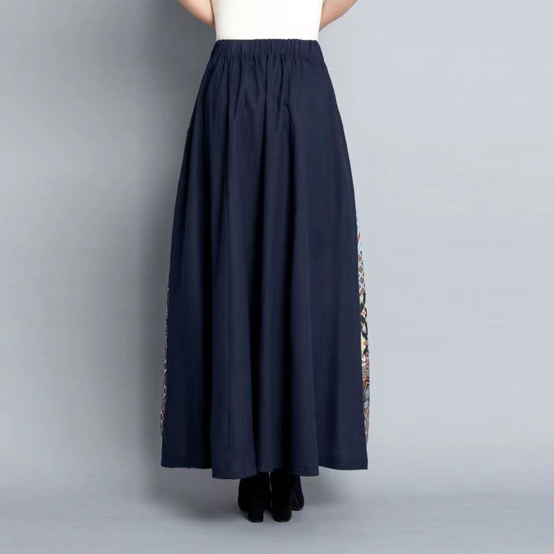 Printed Patchwork Color-Crossing Cotton A-Line Skirt