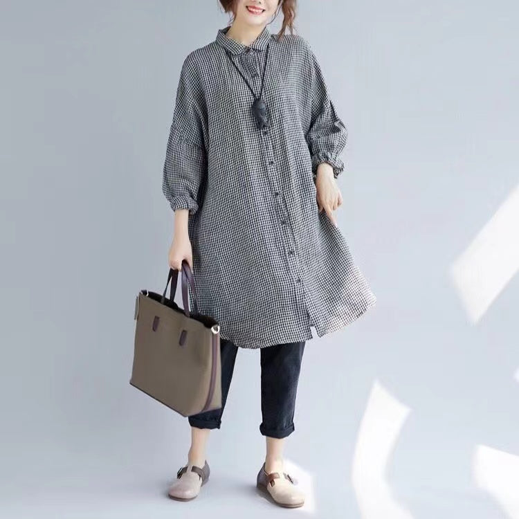 Black and White Plaid Lapel Buttoned Cotton and Linen Mid-Length Shirt Top