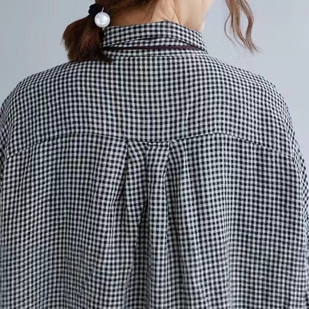 Black and White Plaid Lapel Buttoned Cotton and Linen Mid-Length Shirt Top